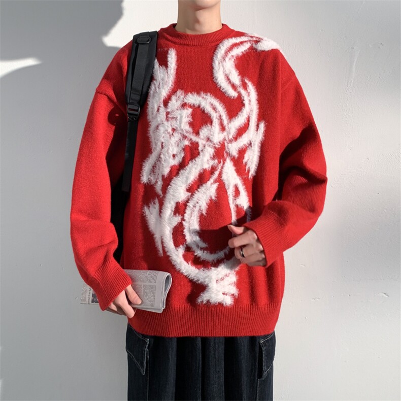 新款龙年红色毛衣男款冬季美式慵懒风情侣针织衫外套,男装针织衫/毛衣,星座914