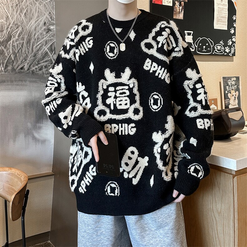 针织衫男士韩版潮流福字提花大红色2024冬季新款ins毛衣MZ768-P53,男装针织衫/毛衣,星座412-3