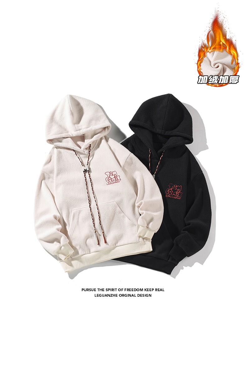2023冬季新款港风白底大码摇粒绒连帽卫衣M-5XHW23764-P50,男装卫衣,电商A022