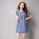 宽松腰圆领条纹2021年夏季短袖中裙连衣裙，女装连衣裙，独衣靓