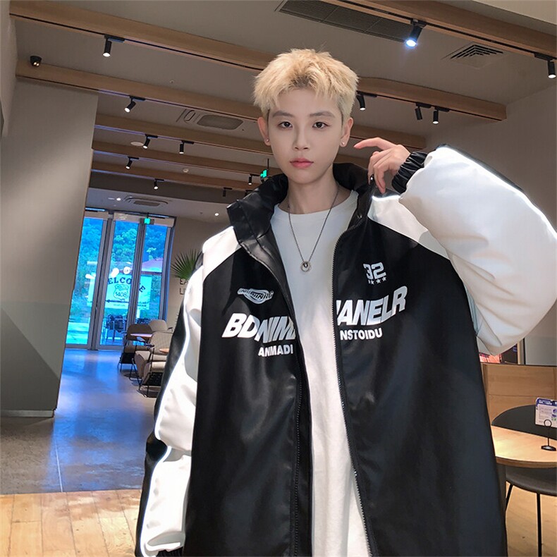 主推美式复古拼接pu机车服潮流情侣加厚充棉加厚加长反光条M7725图片