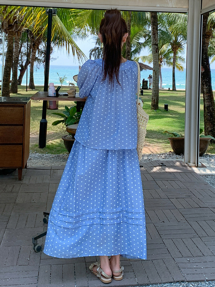 盐甜系度假风波点套装裙女2025夏新款短袖衬衫半身裙小个子两件套,女装套装/套裙,浙宝305