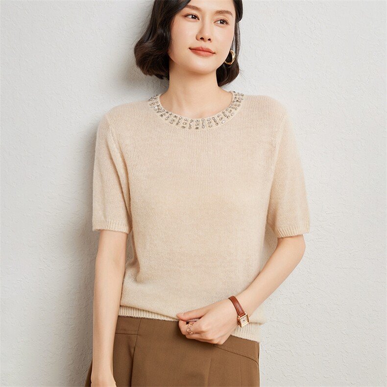 时尚气质简约百搭7G天丝领子带钻短袖羊毛衫女秋冬新款,女装羊绒衫,臻维羊绒