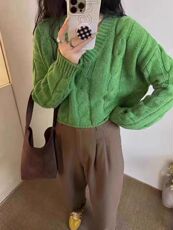2025年秋季新款女士百搭V领高腰麻花针织开衫，女装针织衫/毛衣，恒恩羊绒