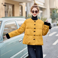 新中式提花羽绒服女2024冬季款毛绒拼接小个子白鸭绒保暖外套，女装羽绒服，卡杰菲