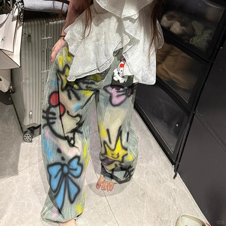 【现货】美式多巴胺涂鸦中性弯刀牛仔裤款男女P54YW0994,男装牛仔裤,星座1112-1