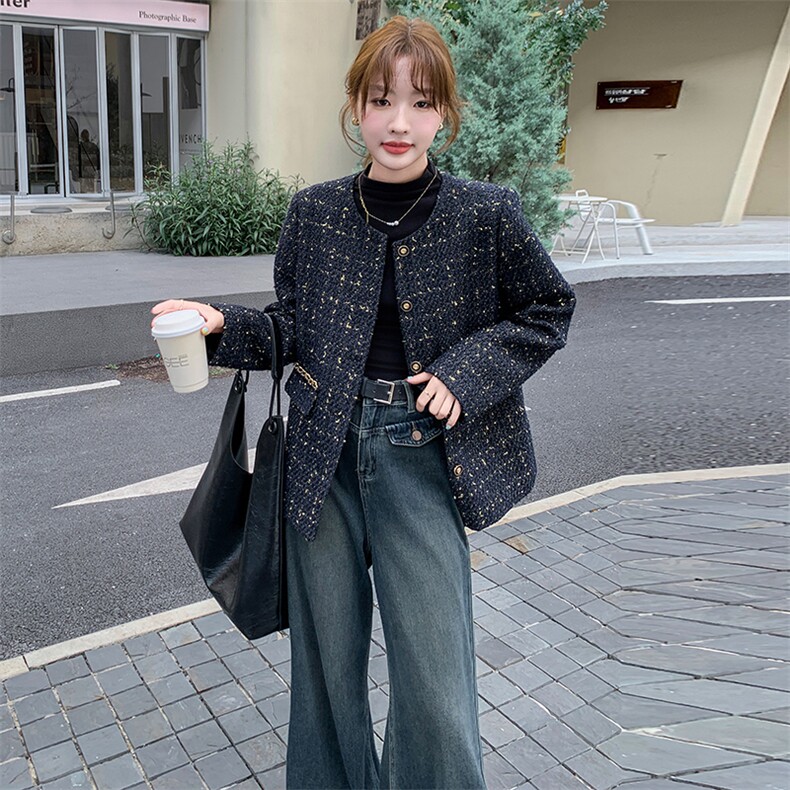 24秋款时尚亮片毛呢小香风口袋手工订链条工艺P150K218，女装毛呢外套，慧峰