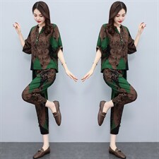 休闲时尚套装女装2022夏季新款洋气减龄印花轻熟风港味妈妈两件套，女装套装/套裙，千千佰惠