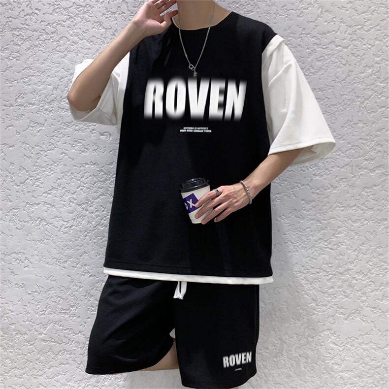 假两件球服短袖T恤男套装潮牌夏季半袖上衣短裤一套TZ0260-P50,男装休闲套装,星座308B-1