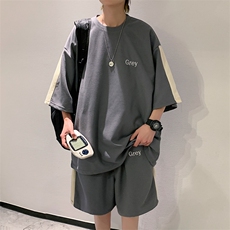 2026夏装华夫格拼接绣花休闲运动套装五分短裤TZ808/P65灰色，男装休闲套装，电商A094