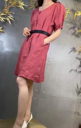 SGH2111夏季新款甜美大方圆领简约显瘦气质泡泡袖连衣裙,女装连衣裙,L·H·X