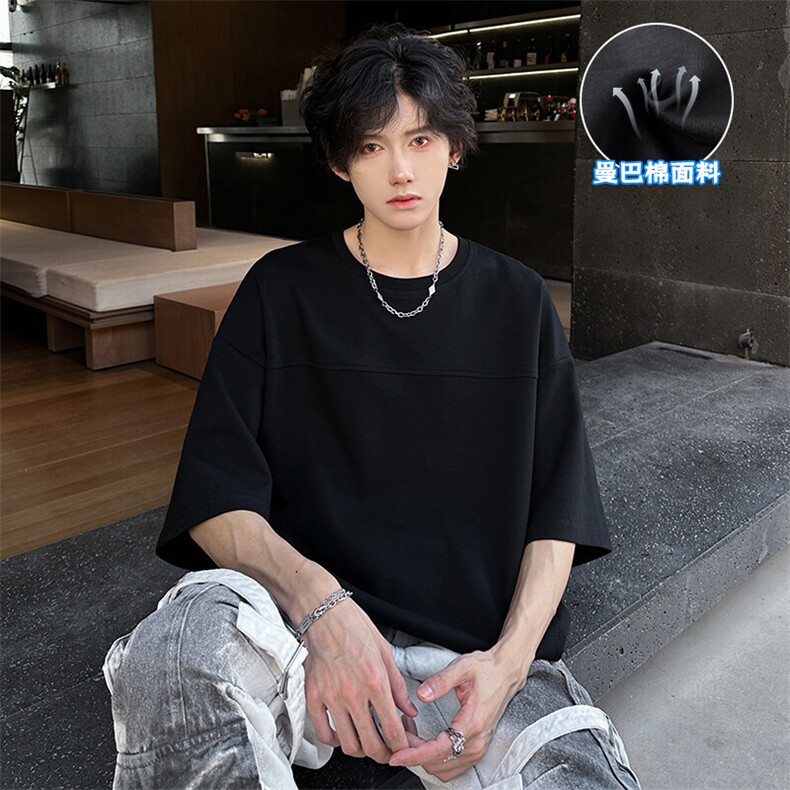 特批P25无差价夏季百搭曼巴棉面料纯色拼接大码短袖T恤男T5171,男装T恤,电商A001