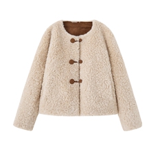 2025年冬季新款羊羔毛复鸡皮绒小香风外套门襟双排扣点缀时尚女装，女装羊羔毛/颗粒绒，贝蕾酷儿