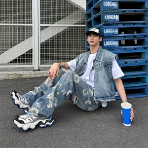 港风男牛仔裤大破洞鲜花扎染宽松长裤NK257 P58图片