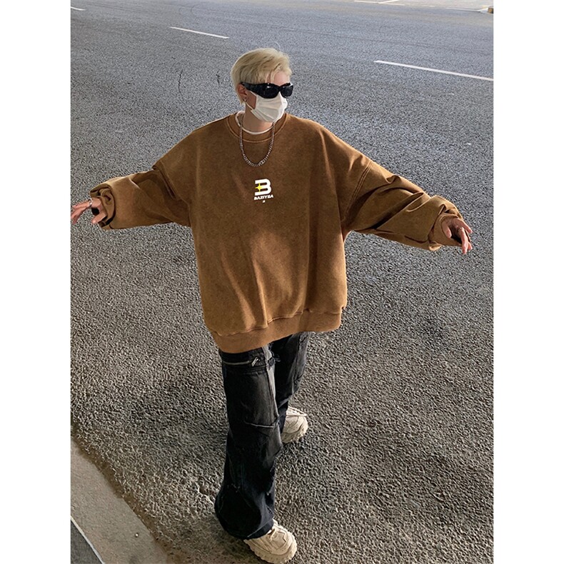 得物抖音高品质二开360克重磅做旧炒雪花纯色圆领水洗卫衣1523,男装卫衣,电商A486