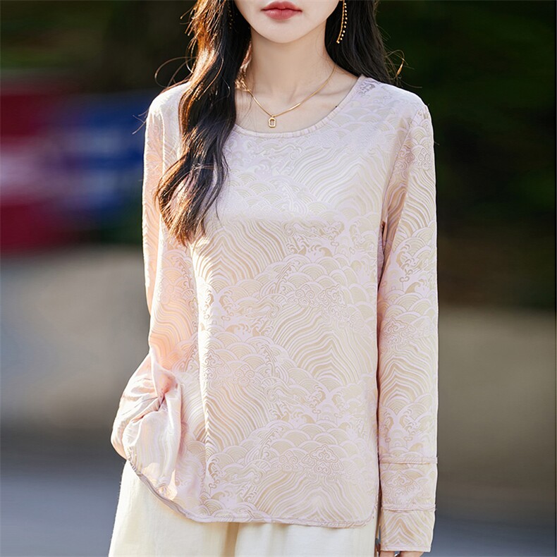 春夏醋酸缎面圆领长袖真丝上衣女国风暗纹提花衬衣高级感宽松打底,女装T恤,佳绒高端店