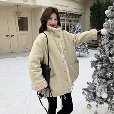 韩系羊羔毛外套女秋冬皮毛一体毛领保暖加厚立领派克服毛绒外套，女装棉衣/棉服，维壹