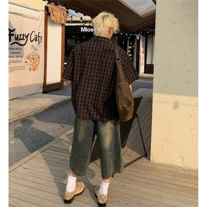 2025夏季格子短袖衬衫男士宽松潮流原创设计师款休闲美式复古衬衣,男装衬衫,星座506A