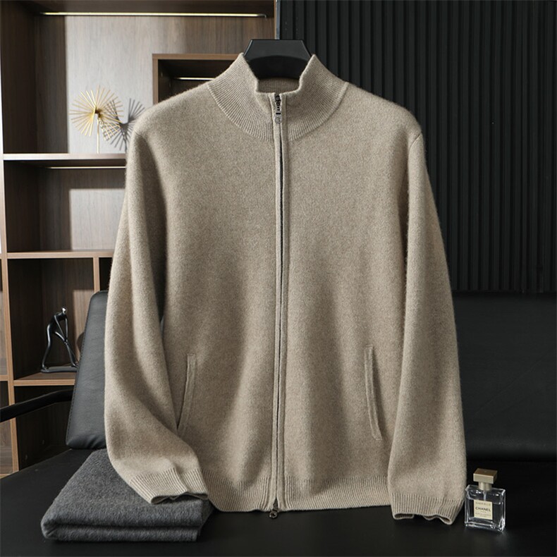 男士秋冬季新款简约休闲半高芝麻点羊绒开衫，男装羊绒开衫，台绒羊绒