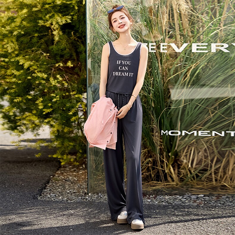 时尚休闲松弛感套装女2025春夏新款宽松百搭衬衫背心阔腿裤三件套,女装套装/套裙,木子恋