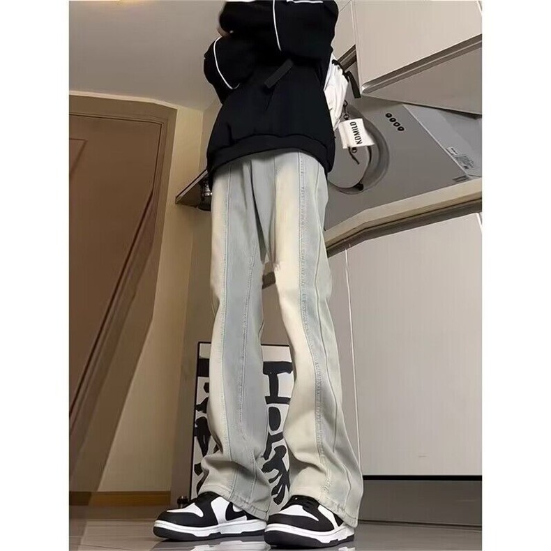 水洗渐变牛仔裤男春秋季美式高街潮牌拼接休闲裤子修身显瘦直筒裤,男装牛仔裤,星座218-1（原230）