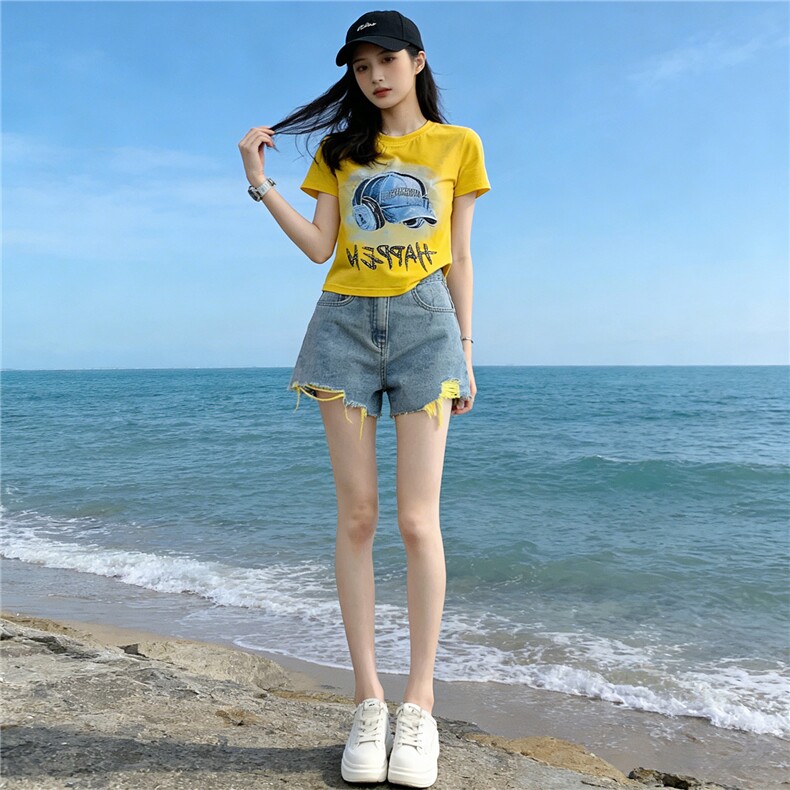 潮流休闲时尚运动套装女夏季新款圆领烫钻印花短袖牛仔短裤两件套,女装套装/套裙,江南