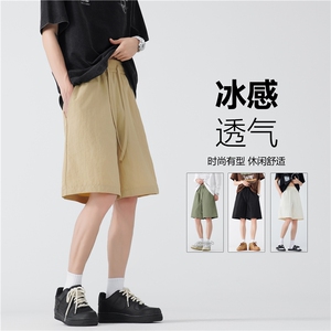 简约纯色冰丝透气短裤男夏季美式复古潮牌宽松休闲五分裤百搭裤子图片