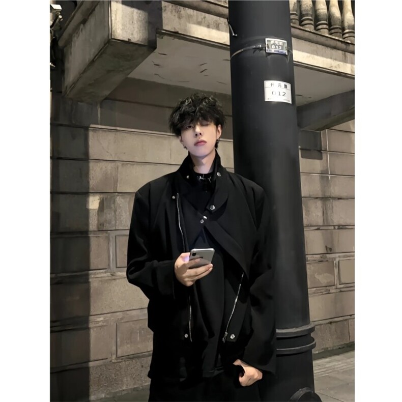 现货纽扣斜拉链襟翻领垫肩短款夹克外套男，男装夹克，星座910A