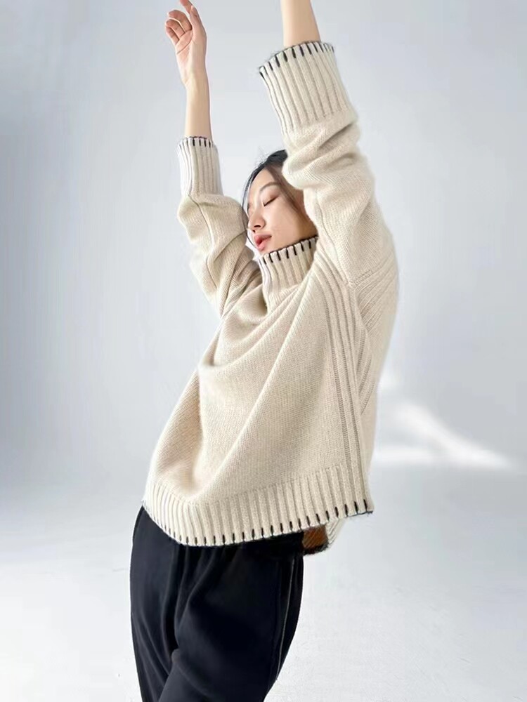 高领设计感毛衣女2024秋季新款韩版宽松长袖针织衫,女装羊毛衫,千御纺羊绒