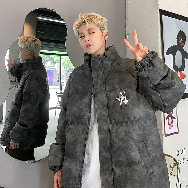 港风PU皮复古做旧可拆卸四芒星胸针设计棉衣男MY77721P128控168,男装棉衣,星座226-1