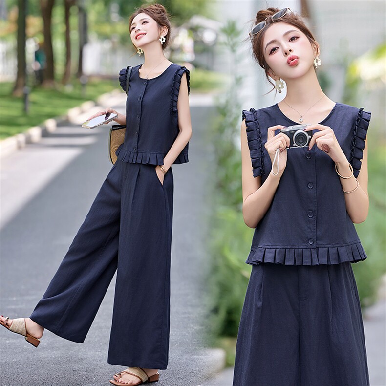 2025夏季新款气质巨好看的小香风无袖棉麻阔腿裤套装，女装套装/套裙，蓝诺裳