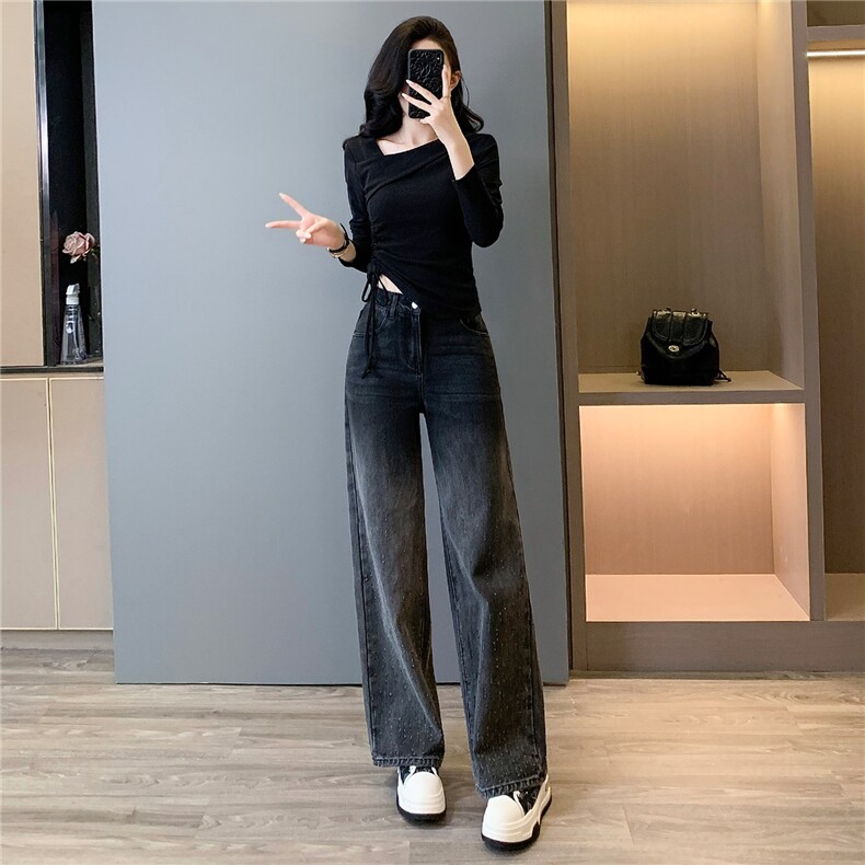 女春新款时尚减龄套装修身纯欲不规则斜肩领口上衣牛仔长裤两件套,女装套装/套裙,江南