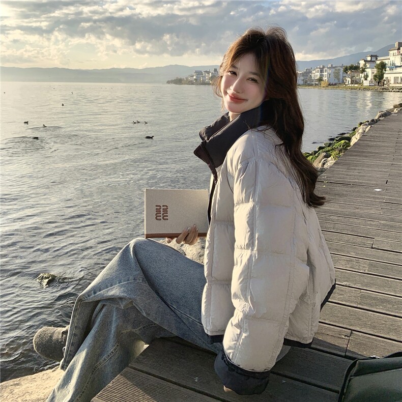 韩系设计感撞色拼接短款羽绒服女2026冬季新款时尚保暖加厚外套,女装羽绒服,2C218