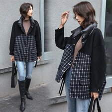 冬季新款格纹拼接时尚双面呢羊绒外套立领潮流女，女装毛呢外套，美吧服饰