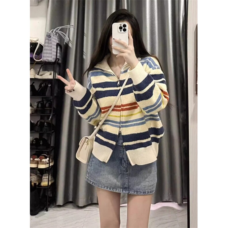 拉链翻领羊毛开衫女宽松软糯撞色条纹毛衣外套针织衫休闲M6200,男装针织衫/毛衣,星座1116A（原606A-3）