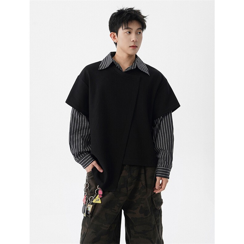8XL-M条纹拼接街头风宽松显瘦不对称设计感假两件卫衣衬衫WY17P58,男装卫衣,电商D206-1