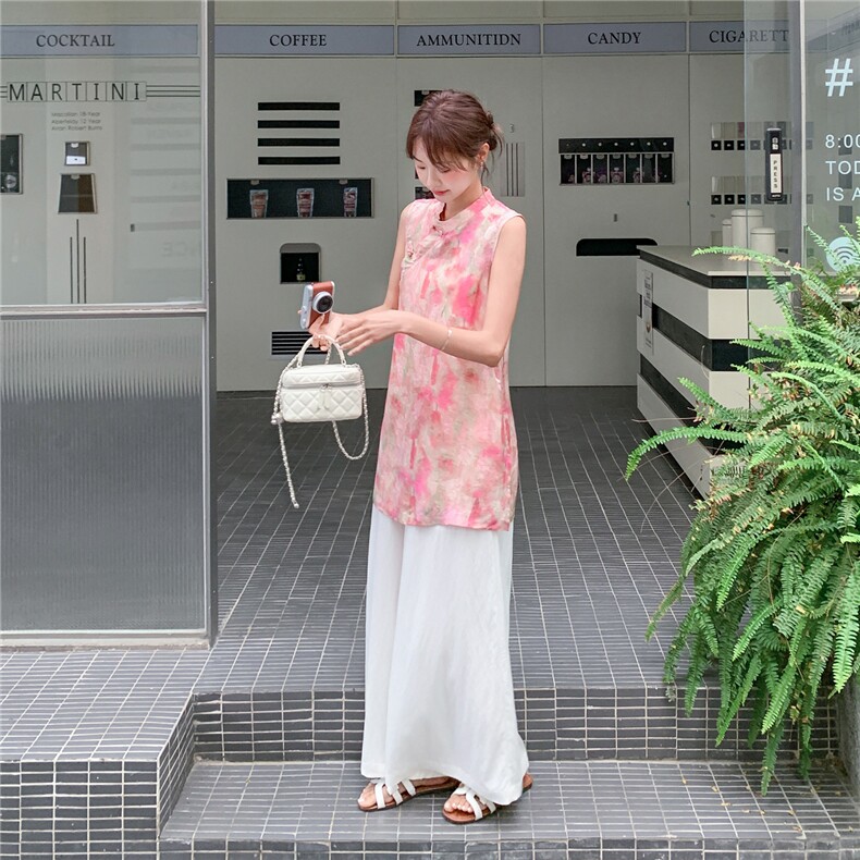 新款2241-P165-K245新中式无袖粉色上衣配阔腿裤找同款,女装套装/套裙,网红馆