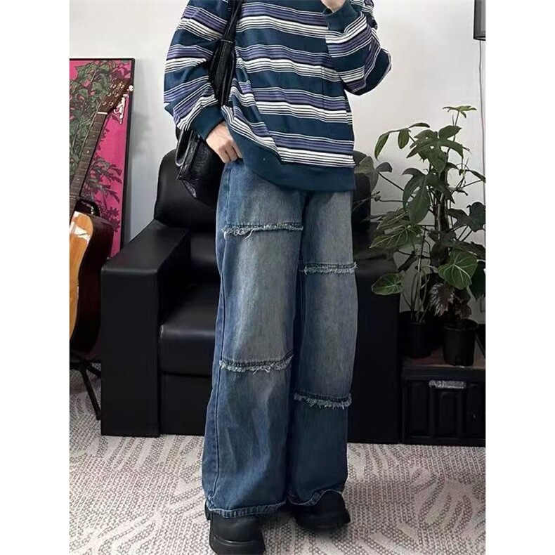 潮小众拼接设计感美式高街潮牌宽松直筒裤子男款牛仔裤NZA376图片