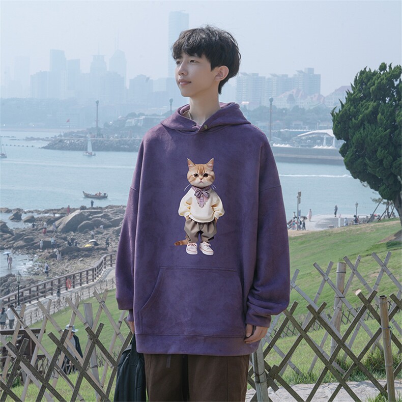 2025秋季新款日系猫咪印花麂皮绒宽松连帽卫衣wljp4048-特p45控79图片