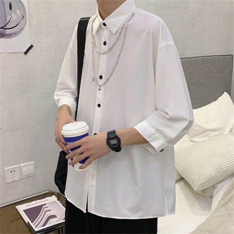 原创潮牌夏季纯色宽松七分袖衬衫美式复古链条设计衬衣ins图片