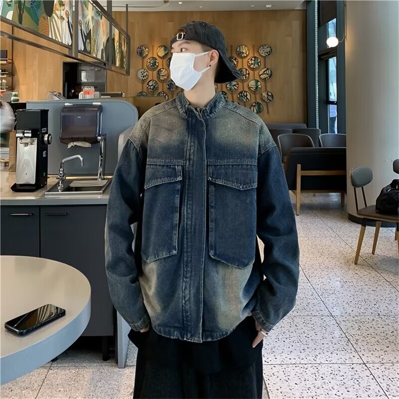 美式复古蓝渐变水洗做旧牛仔夹克男女短款宽松休闲大口袋立领外套,男装夹克,星座601-2