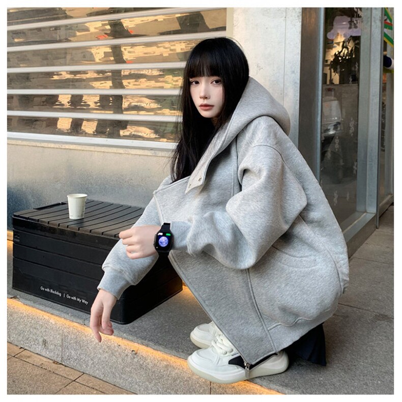 网图重磅380克全棉宽松设计感拉链套头连帽卫衣外套AH912-P58,女装短外套,四季星座610B