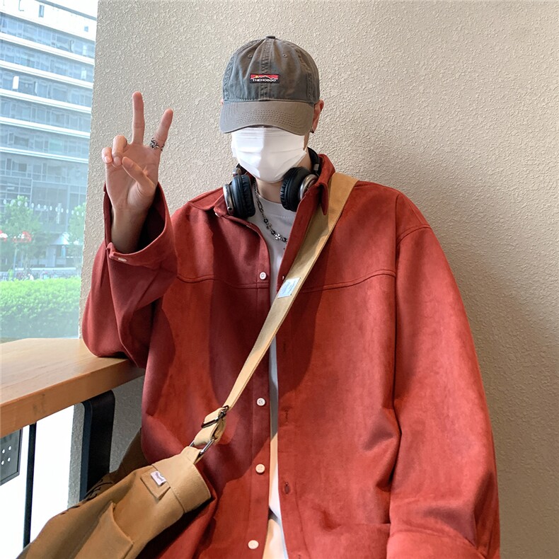 港风咖啡厅麂皮绒长袖翻领衬衫S70P48控68,男装衬衫,电商A247