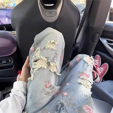 玫瑰花破洞牛仔裤男款夏季美式裤子潮牌痞帅炸街微喇直筒裤X1331，男装牛仔裤，星座208-5