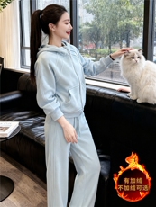 韩版开衫加绒卫衣套装女秋冬保暖新款连帽宽松上衣长裤时尚两件套，女装套装/套裙，江南