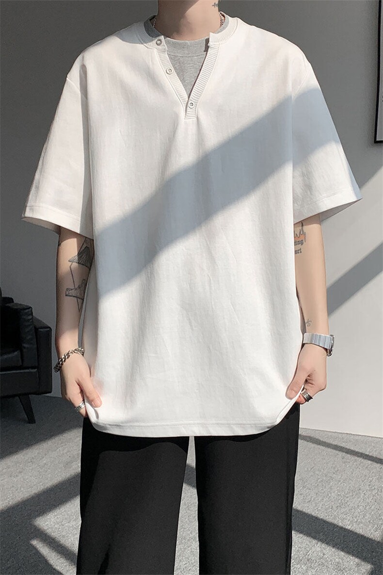 现货T10132-特批33控65夏季新款假两件曼巴棉大码撞色T恤,男装T恤,电商A059