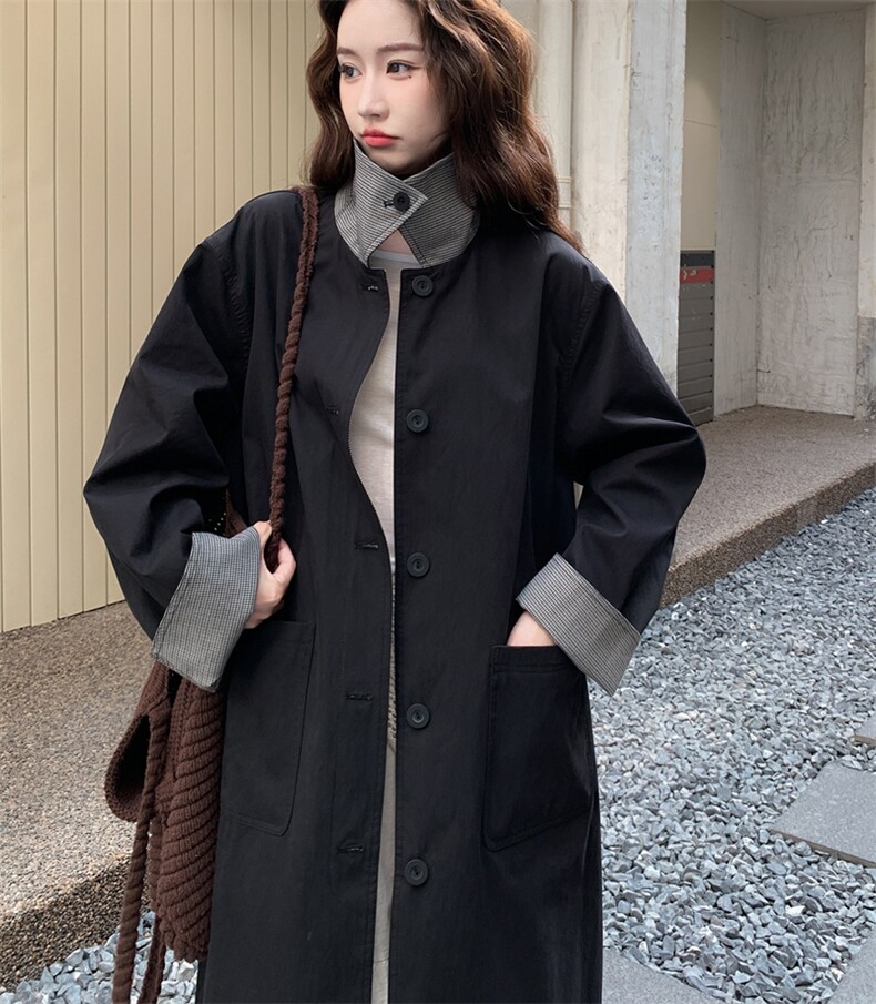 韩系宽松大衣黑色翻领中长款风衣外套女秋季,女装风衣,2B110
