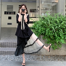 法式时尚设计感套装女2025年夏季撞色马甲T恤半身裙三件套，女装套装/套裙，2C275