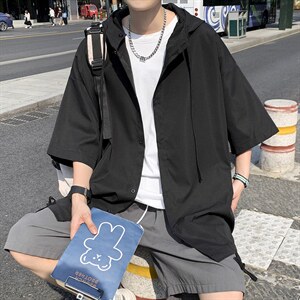 美式街头衬衫男oversize连帽冰丝短袖衬衣夹克外套MWJ52P35图片