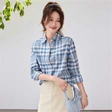 2026春夏新款蓝白格纹衬衫女学院风宽松慵懒风叠穿衬衣透气纯棉，女装衬衫，艾米